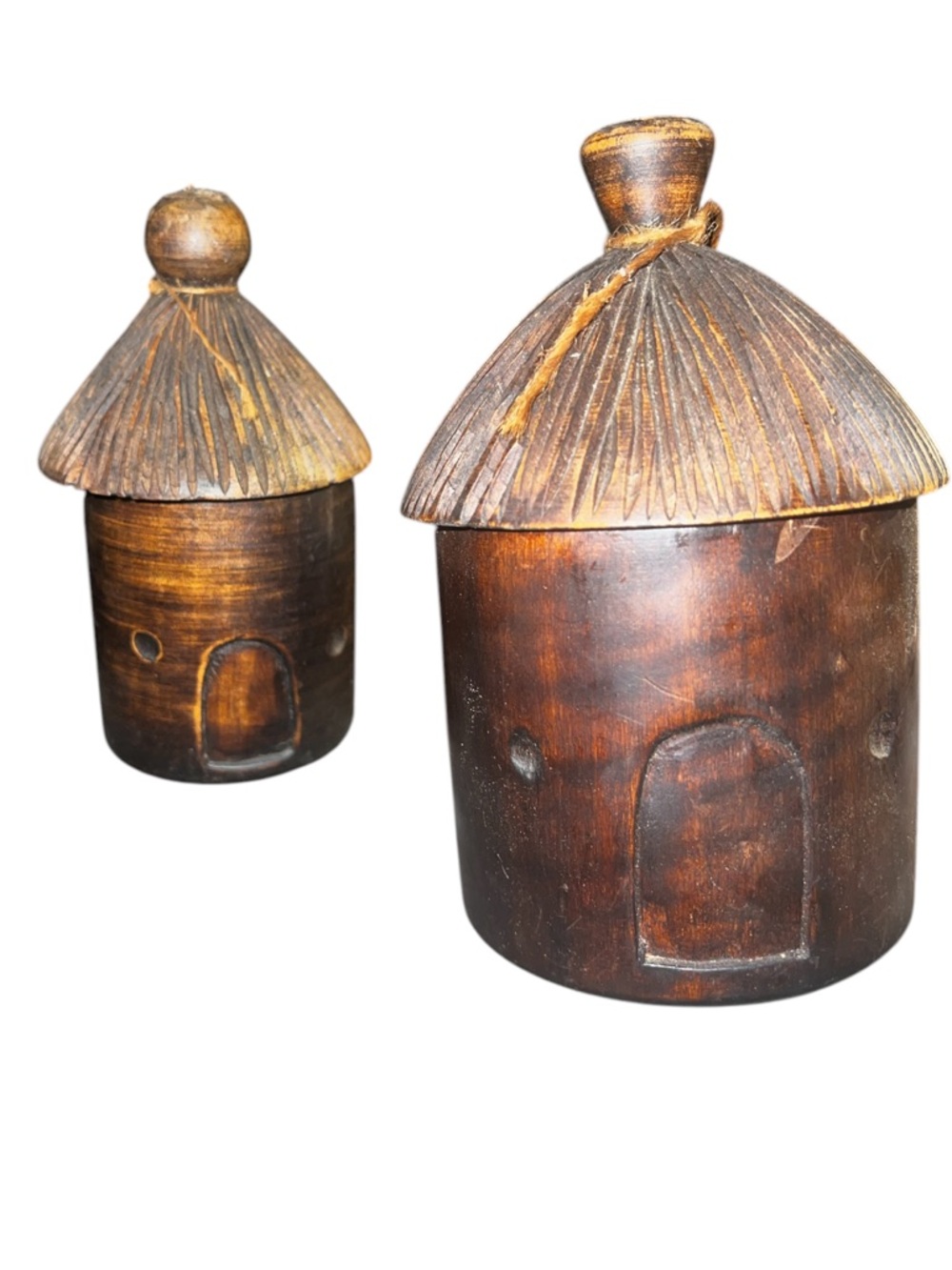 Set of 2 Brown Wood Wooden Tiki Hut Decorative Canister Set Trinket Box